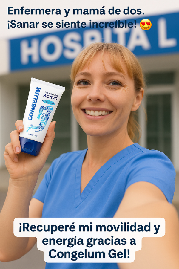 Congelum Gel Opiniones - Isabelle sosteniendo la botella de Congelum Gel y sonriendo, imagen de testimonio